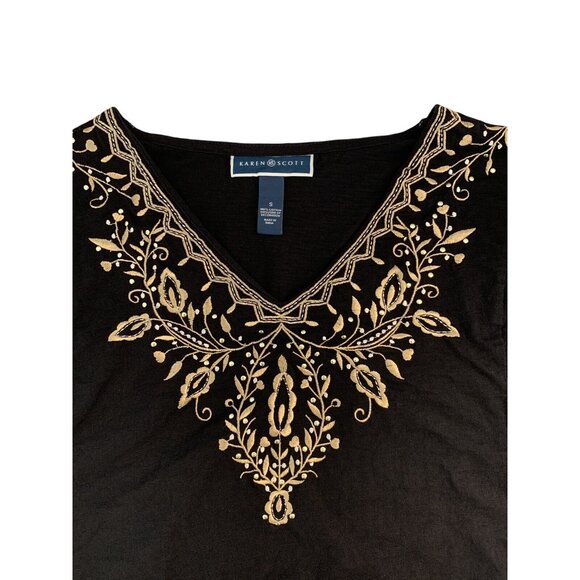 Karen Scott Womens Black & Gold Embroidered V-Neck Top Small - Picture 6 of 10